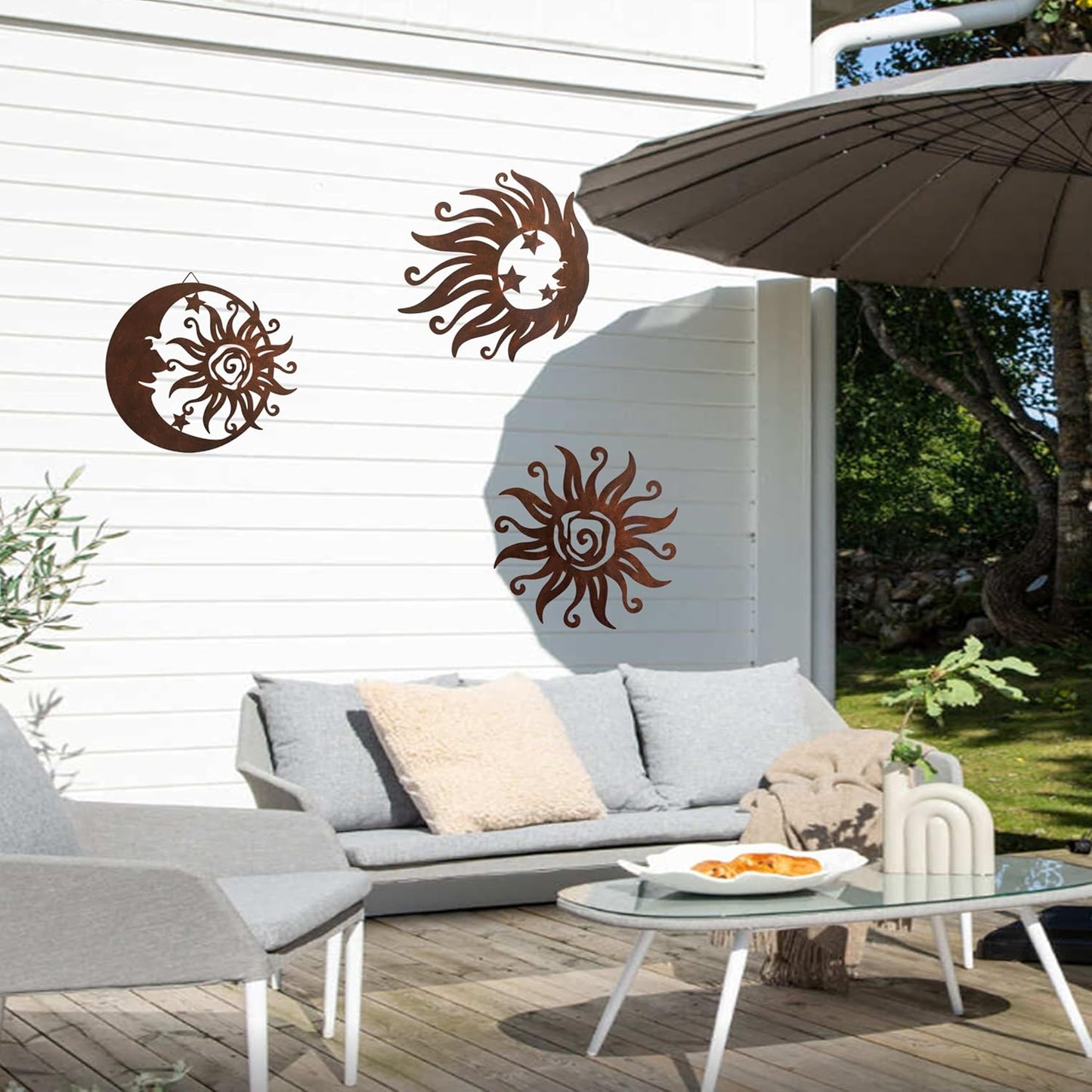 Limygus Sun Moon Wall Hanging, Wall Sculpture, Metal Wall Art Indoor/Outdoor Decor Rust Colored Rust Proof Wall Sculpture - Ideal for Bedrooms Gardens Homes Patios and Farmhouses Set of 3