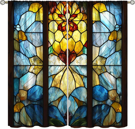 Stained Glass Curtains,Retro Abstract Colorful Art Home Decor Drapes for Bedroom Living Room Kitchen Window Treatment 2 Panels Set Total Size 84" W X 84" L Inch