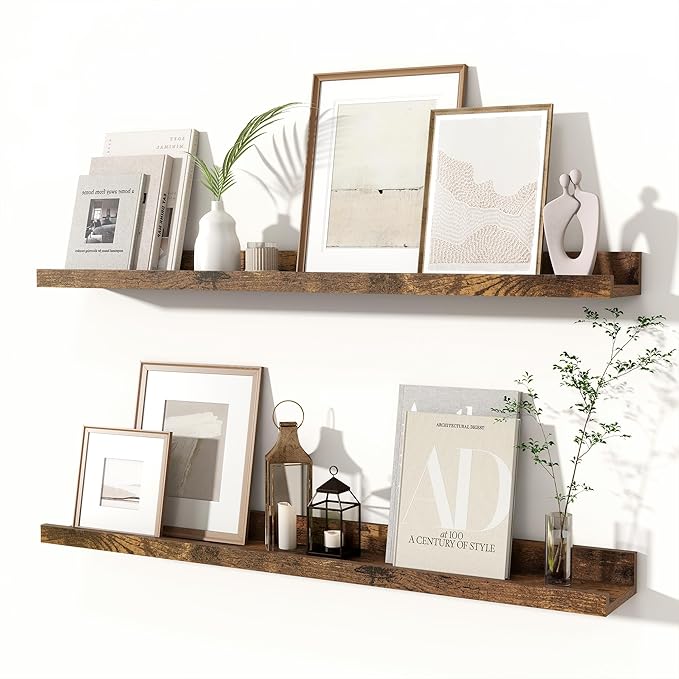 Fun Memories Picture Ledge Shelves Set of 2, 32 Inch Rustic Wall Mounted Floating Shelves with Lip for Home Storage and Décor in Bathroom, Kitchen, Nursery, Bedroom, Living Room, Brown