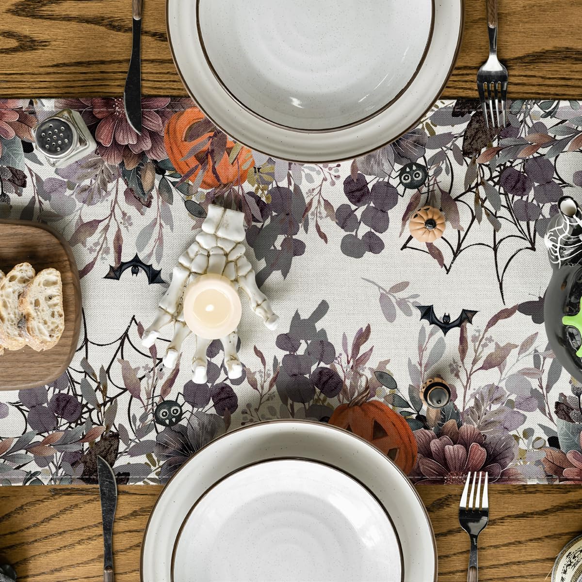 Artoid Mode Jack-O'-Lantern Pumpkin Floral Ghost Halloween Table Runner, Eucalyptus Kitchen Dining Table Decoration for Home Party Decor 13x48 Inch