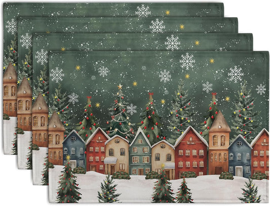 Christmas Placemats 12x18 Inch Set of 4, Winter Xmas Tree Wonderland Forest Village Town House Snowflake Linen Table Mats Washable Place Mats for Party Kitchen Dining Outdoor Indoor Decor