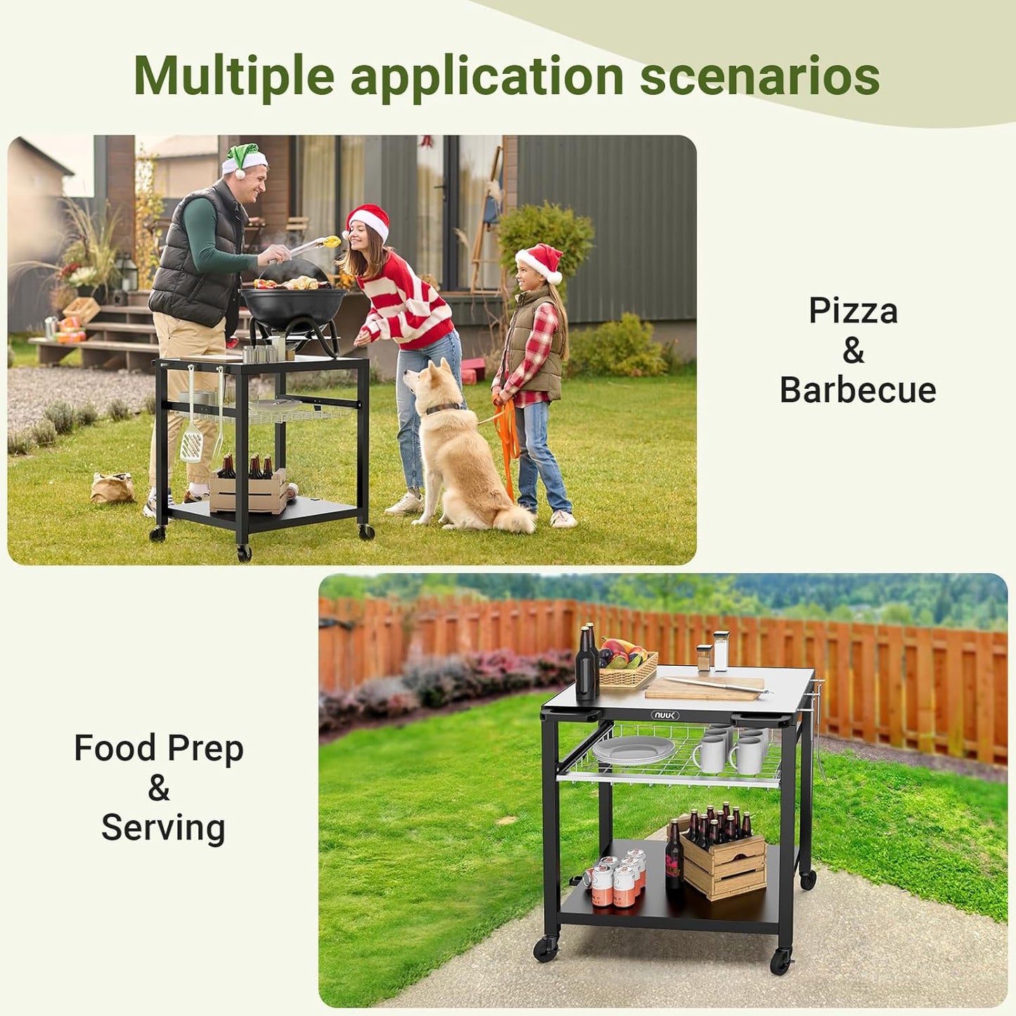 NUUK Outdoor Grill Cart 30"x 24" Pizza Oven Table 3-Shelf with Drawer BBQ Grilling Carts Outside Serving Prep Tables Stand