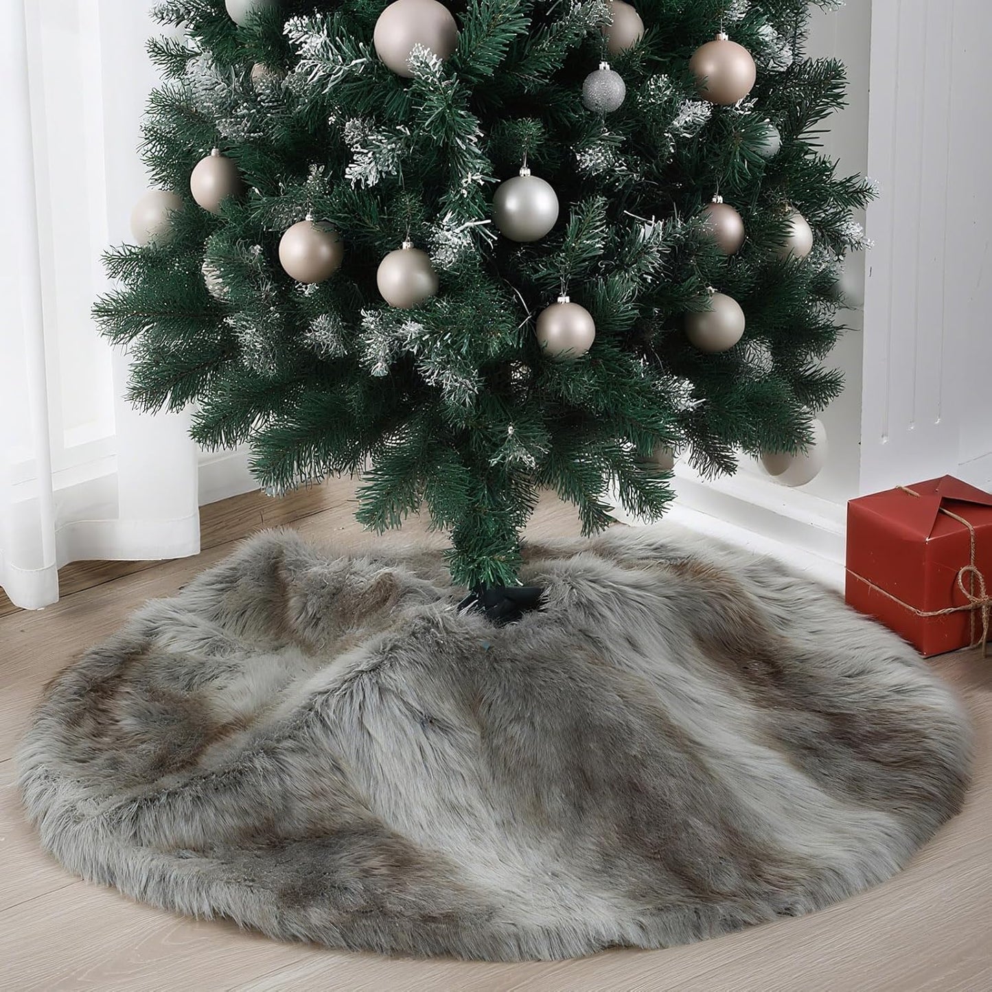 Sumind 30 Inch Christmas Tree Plush Skirt Grey White Stripe Faux Fur Christmas Tree Skirt Decoration for Xmas Party Mat Winter Holiday Home Decorations