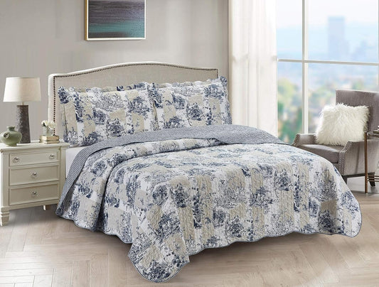 Brilliant Sunshine Blue Toile in Beige and Ivory Patches, 3-Piece Quilt Set with 2 Shams, Reversible Bedspread, Soft Lightweight Coverlet, All-Season, King, Blue