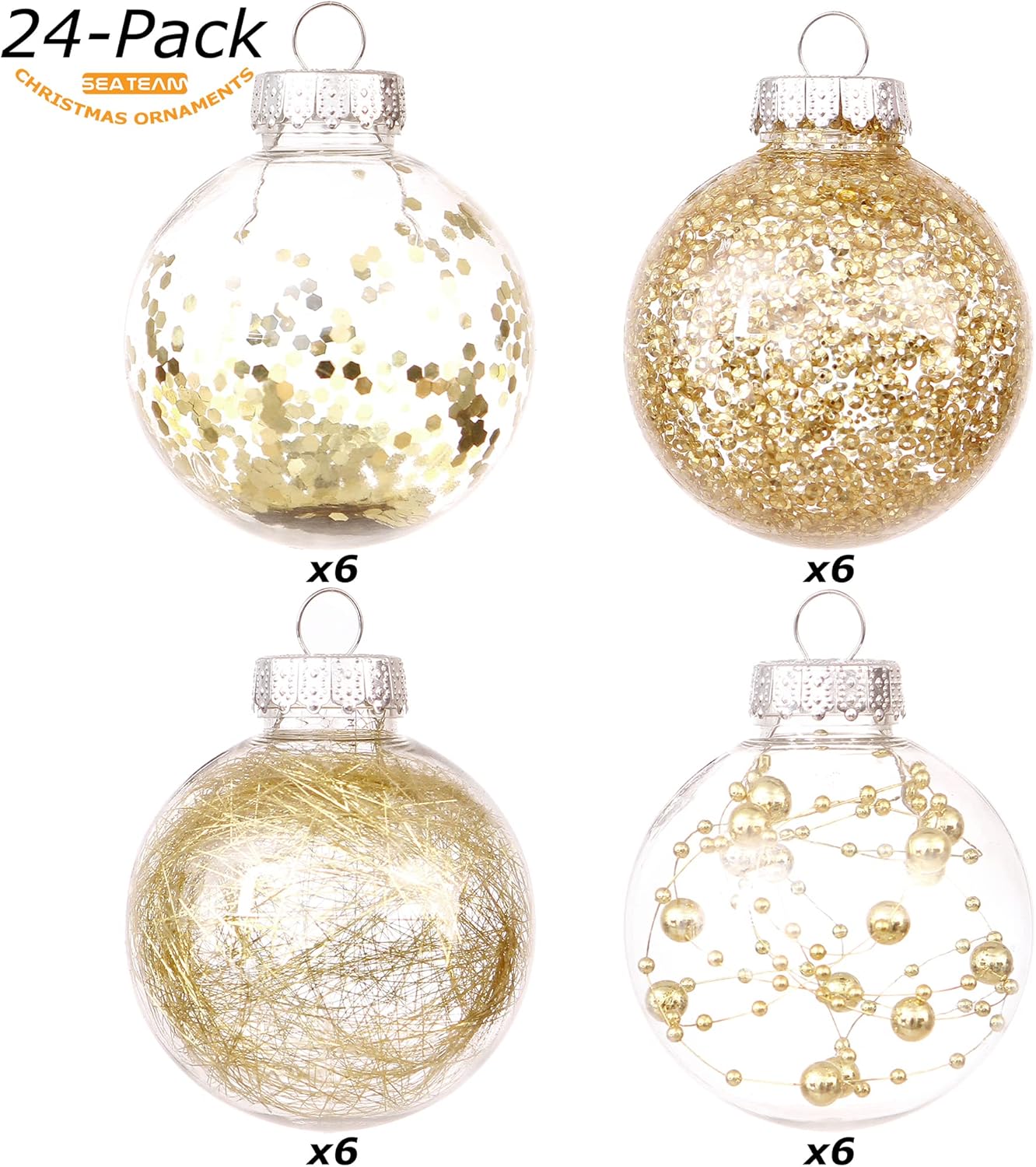 Sea Team 70mm/2.76" Shatterproof Clear Plastic Christmas Ball Ornaments Decorative Xmas Balls Baubles Set with Stuffed Delicate Decorations (24 Counts, Gold)
