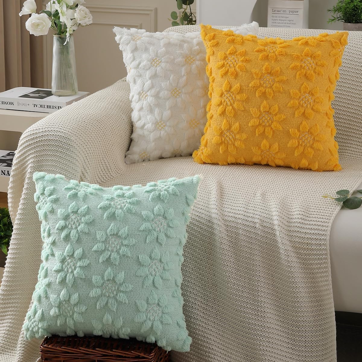 DFXSZ Spring Summer Pillow Covers 20x20 inch Set of 2 Farmhouse Decor White Flower Heart Sunflower Green Soft Plush Faux Fur Jacquard Throw Pillows for Sofa Holiday Spring Home Decor PTK024F20