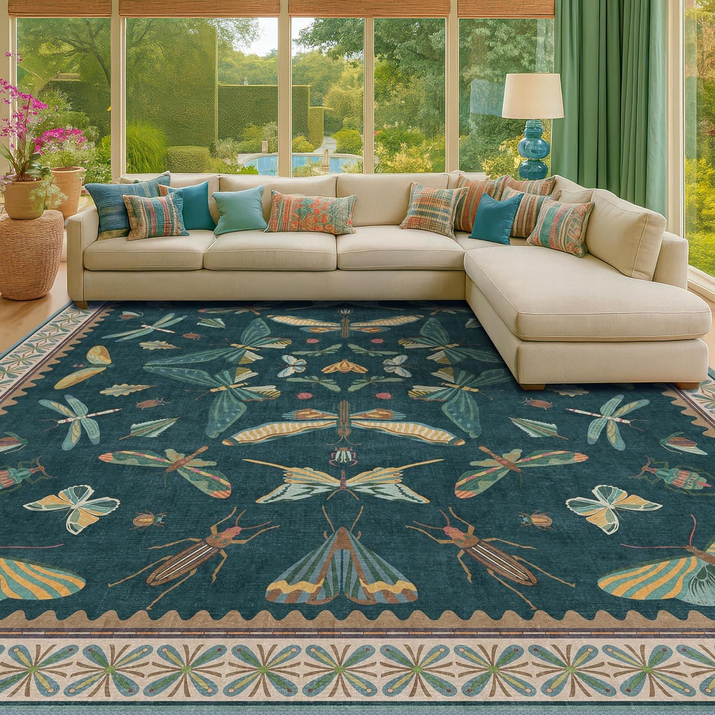 Insect Print Washable 8x10 Living Room Rug - Bugs, Butterfly, Bees, Moths Patterned Area Rugs for Bedroom, Dining Room Under Table, Kids Room, Home Office, Washable Non Slip Fade Resistant Low Pile