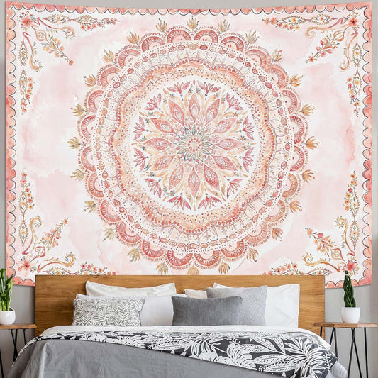 Fowocu Boho Floral Mandala Tapestry Wall Hanging Pink Bohemian Flower Medallion Tapestry Aesthetic Watercolor Hippie Indian Large Tapestries for Bedroom Living Room Dorm Decor 80 x 60 Inch