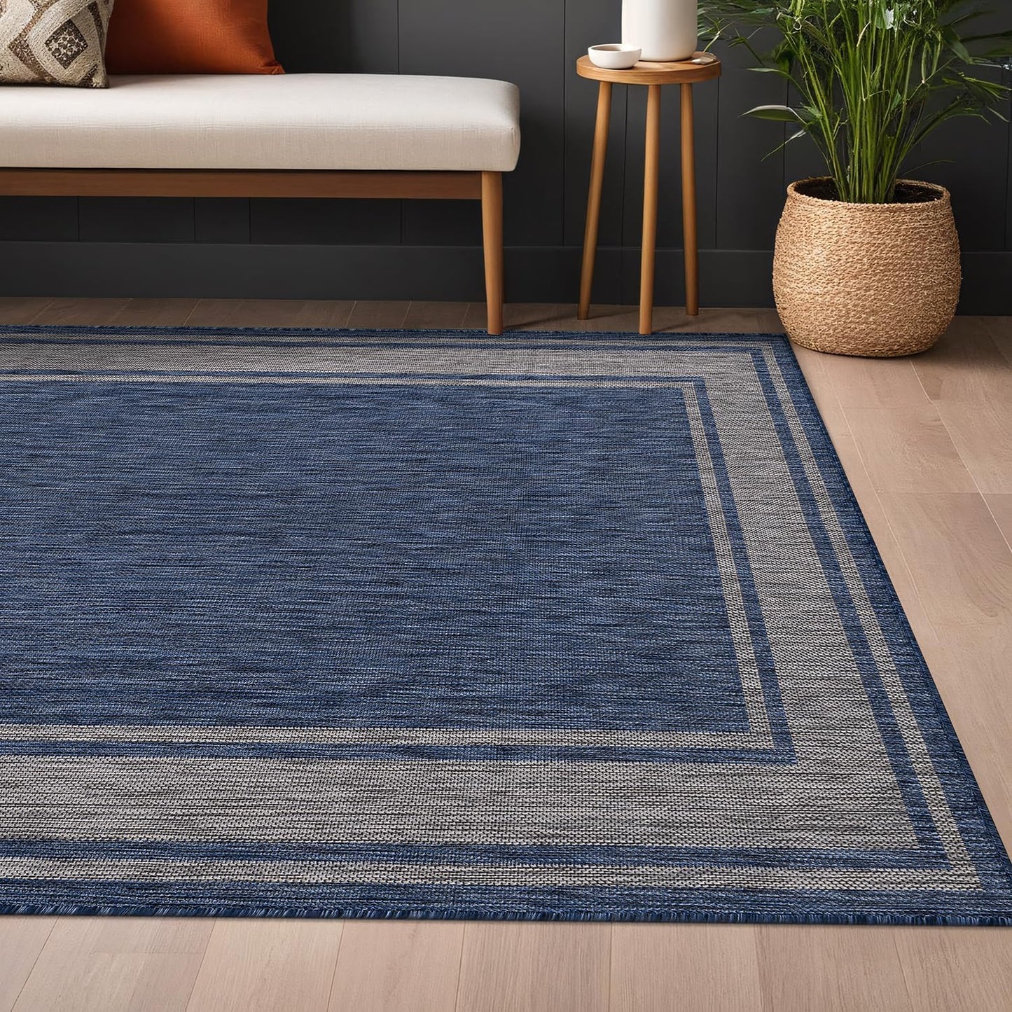 Beverly Rug Large Outdoor Rug 9x12 Modern Bordered Area Rugs for Indoor and Outdoor Patio Deck Porch Garden Waterproof Weather Sun Resistant Washable Outside Carpet (9 x 12 Navy)