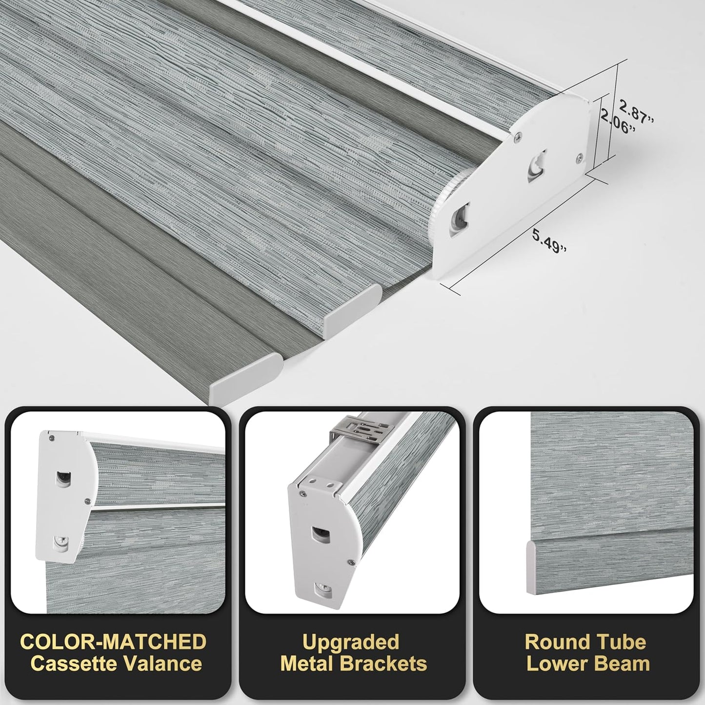 BERISSA Cordless Dual Roller Shades with Cassette Valance, Double Window Shades - Blackout & Light Filtering, Day & Night for Home Office or Door - Striped Jacquard Grey, 49 W x 44" H