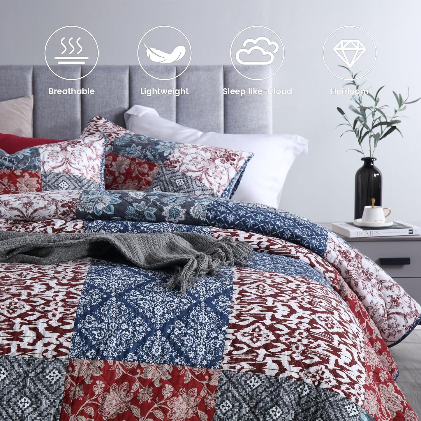 Secgo California King Quilt Size - 100% Cotton Oversized California Comforter Set Bedding Sets (120 * 110 Inch) with 2 Pillow Shams, Patchwork Reversible Lightweight Bedspread