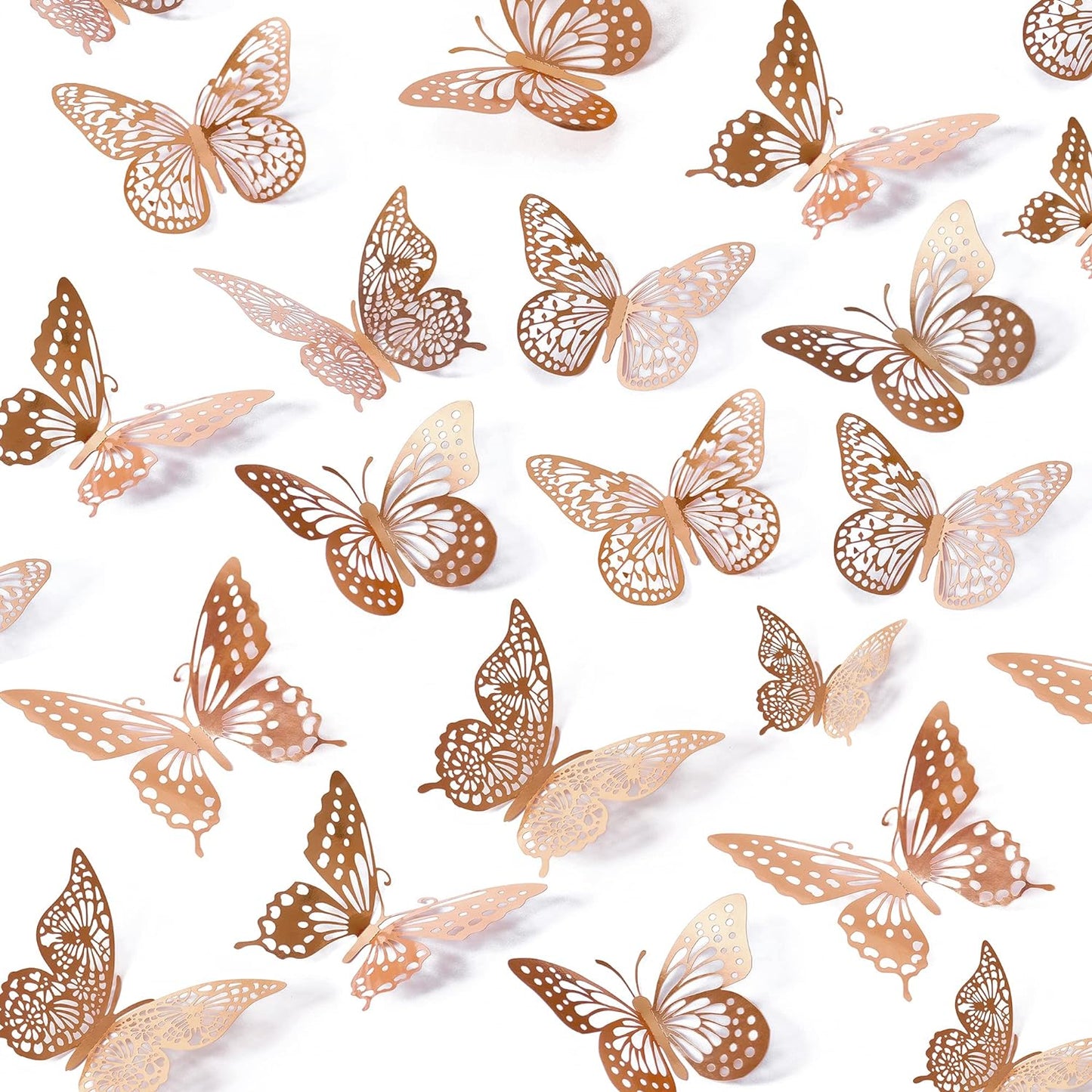 SAOROPEB 3D Butterfly Wall Decor, 48 Pcs 4 Styles 3 Sizes, Removable Metallic Wall Sticker Room Mural Decals for Kids Bedroom Nursery Classroom Party Decoration Wedding Decor DIY Gift (Rose Gold)