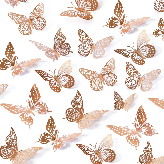 SAOROPEB 3D Butterfly Wall Decor, 48 Pcs 4 Styles 3 Sizes, Removable Metallic Wall Sticker Room Mural Decals for Kids Bedroom Nursery Classroom Party Decoration Wedding Decor DIY Gift (Rose Gold)