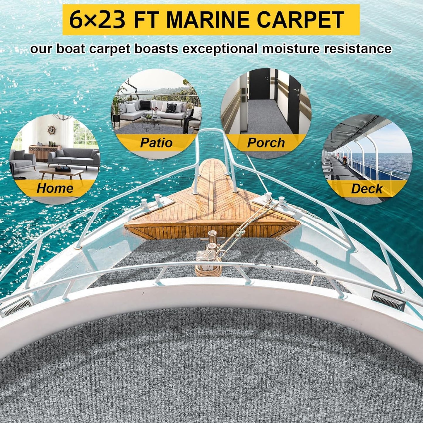 Marine Carpet,6 FT x 23 FT Smoke Gray Indoor Outdoor Carpet 0.2" Thick Boat Carpet with Water-Proof TPE Backing, Non-Slide Outdoor Marine Carpet Roll for Home, Patio, Porch, Deck