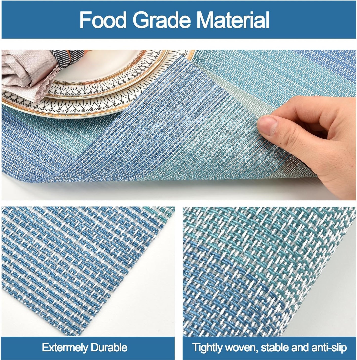 Placemats Set of 6 - Easy Clean Washable Vinyl Placemats - Wipeable Heat Resistant Table Mats for Dining Table - 17.7x11.8 Inch (6, Blue Gradient)