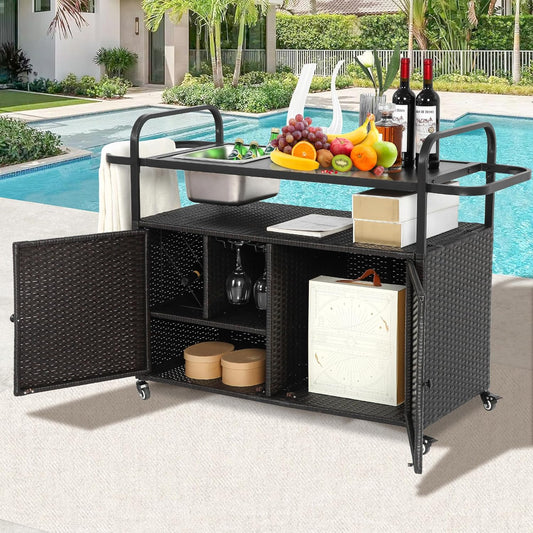 Wicker Outdoor Bar Cart with Ice Bucket, Patio Bar Table with 2 Ratten Doors Cabinet and Casters for Grill, Kitchen and Garden,Black