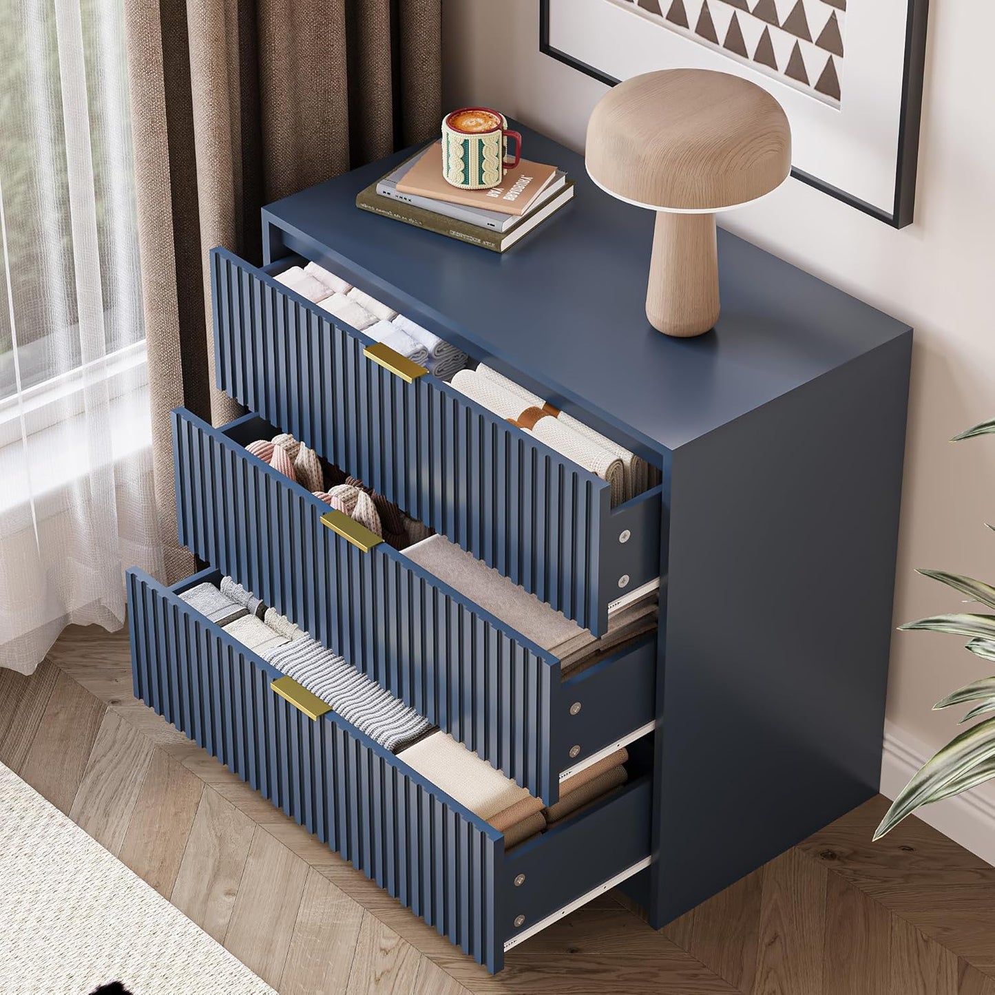 Fluted Dresser for Bedroom, 32 Inch Wide Nightstand with Large Drawer, 3 Drawer End Table for Bedroom, Living Rooms, Offices, and Entryways, Navy Blue