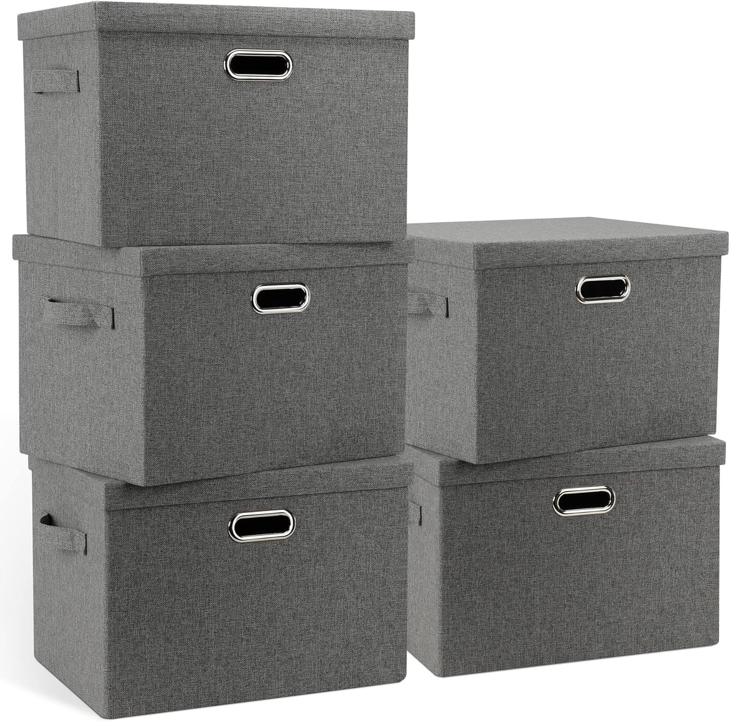 Large 17" 36 Quart Collapsible Stackable Storage Bins with Lids, 5 Packs Gray Foldable Fabric Closet Storage Boxes with Lids, Heavy-duty Linen Cube Baskets(17 x 12 x 11)