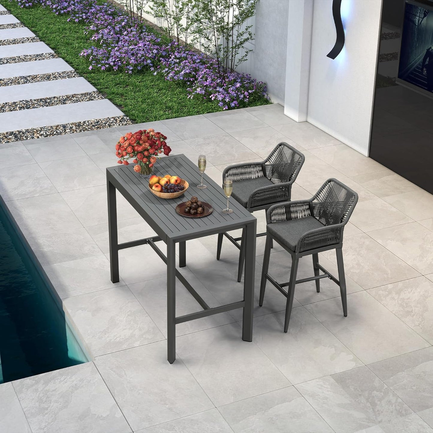 PURPLE LEAF 43.1'' Rectangle Outdoor Patio Bar Height Pub Table, Outside Aluminum Tall Kitchen Bar Table with Sturdy Legs for Bar Stool, Indoor and Outdoor, Garden, Grey