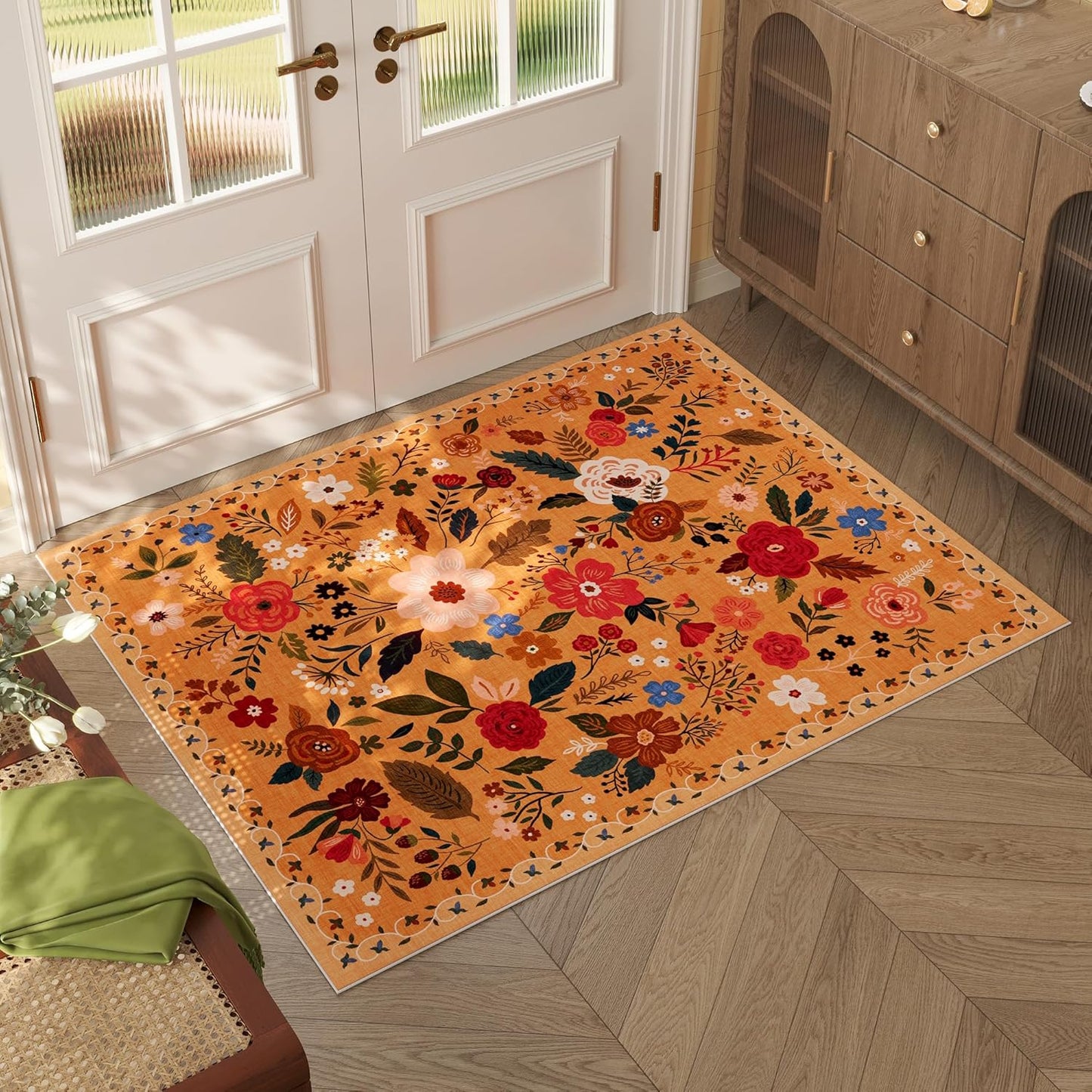 Door Mat Indoor Entrance 2x3 Rug Machine Washable Boho Floral Small Area Rug Non-Slip Low Pile Throw Rugs for Entryway, Kitchen, Front Door Indoor Entrance, Entry, Kids Room (Yellow)