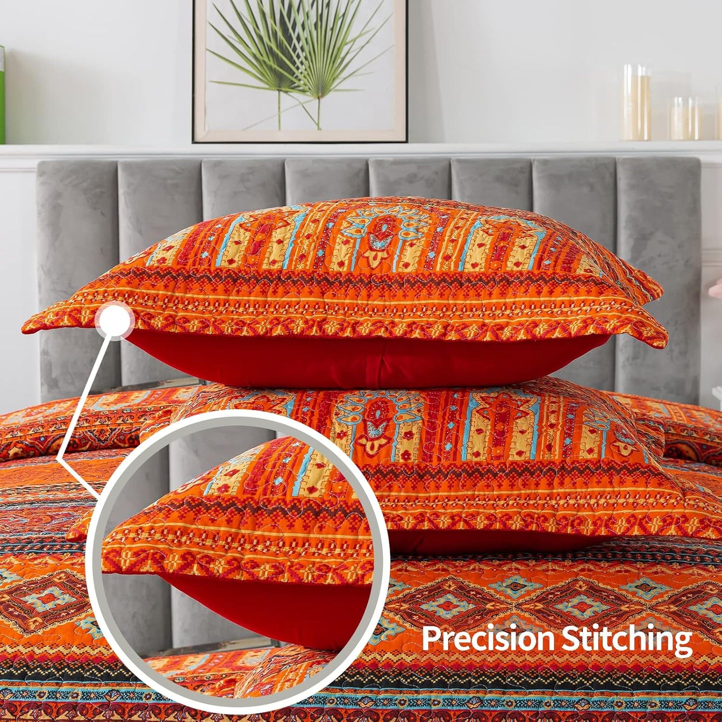 VAPUTAR Cotton Quilt Queen Size Bedding Set - 3 Pieces, Boho Queen Size Quilts, Lightweight Reversible Coverlets Bedspreads for Farmhouse Bedroom (Red/Orange)