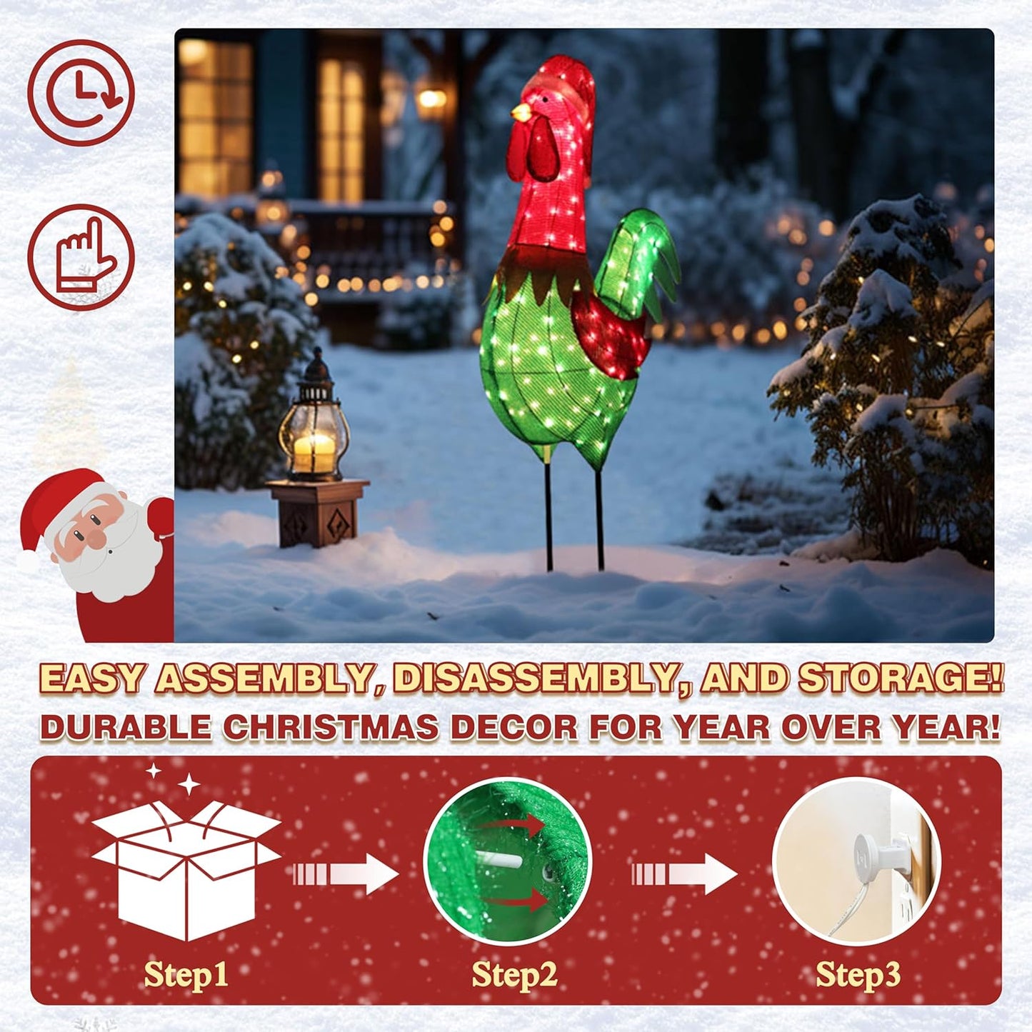 6FT Lighted Rooster with Christmas Hat for Outdoor Christmas Decorations, 3D Pre-Lit Iridescent Rooster Xmas Decor, Glittered Standing Holiday Display Rooster for Outdoor, Indoor