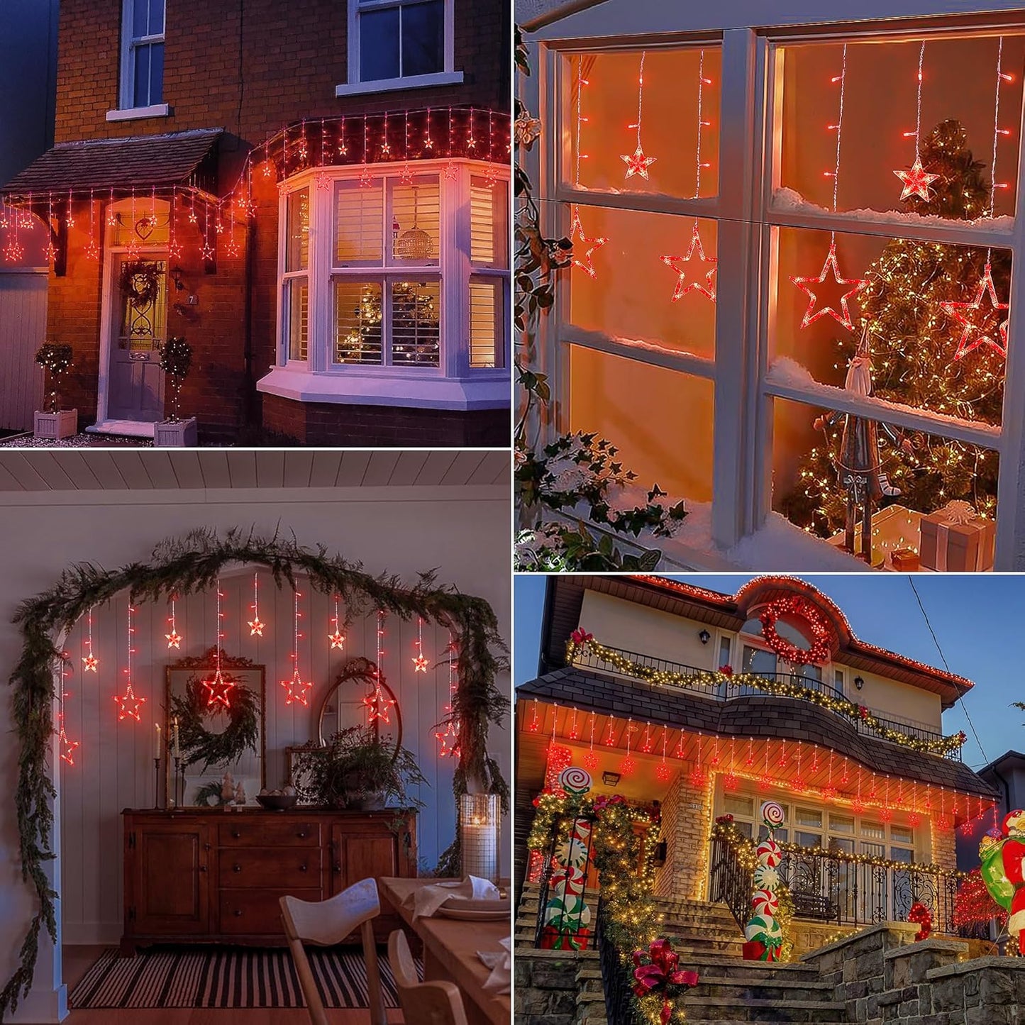 Red Christmas Star Icicle Lights,8.2FT 126LED Curtain String 8 Modes Memory Timer,Connectable Plug in Waterproof for Halloween/Valentine's Day/Patio/Wedding/Party/Xmas Indoor Outdoor Decor,Red