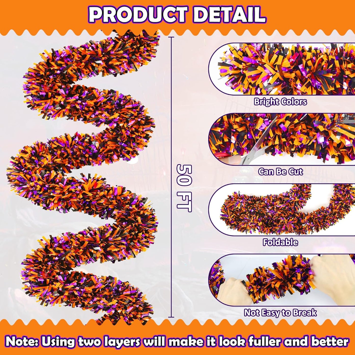 50FT Halloween Decorations Tinsel Garland, Orange Purple Black Shiny Metallic Tinsel Twist Hanging Streamers Garland for Halloween Birthday Home Tree Banister Indoor Outdoor Party Decor Supplies