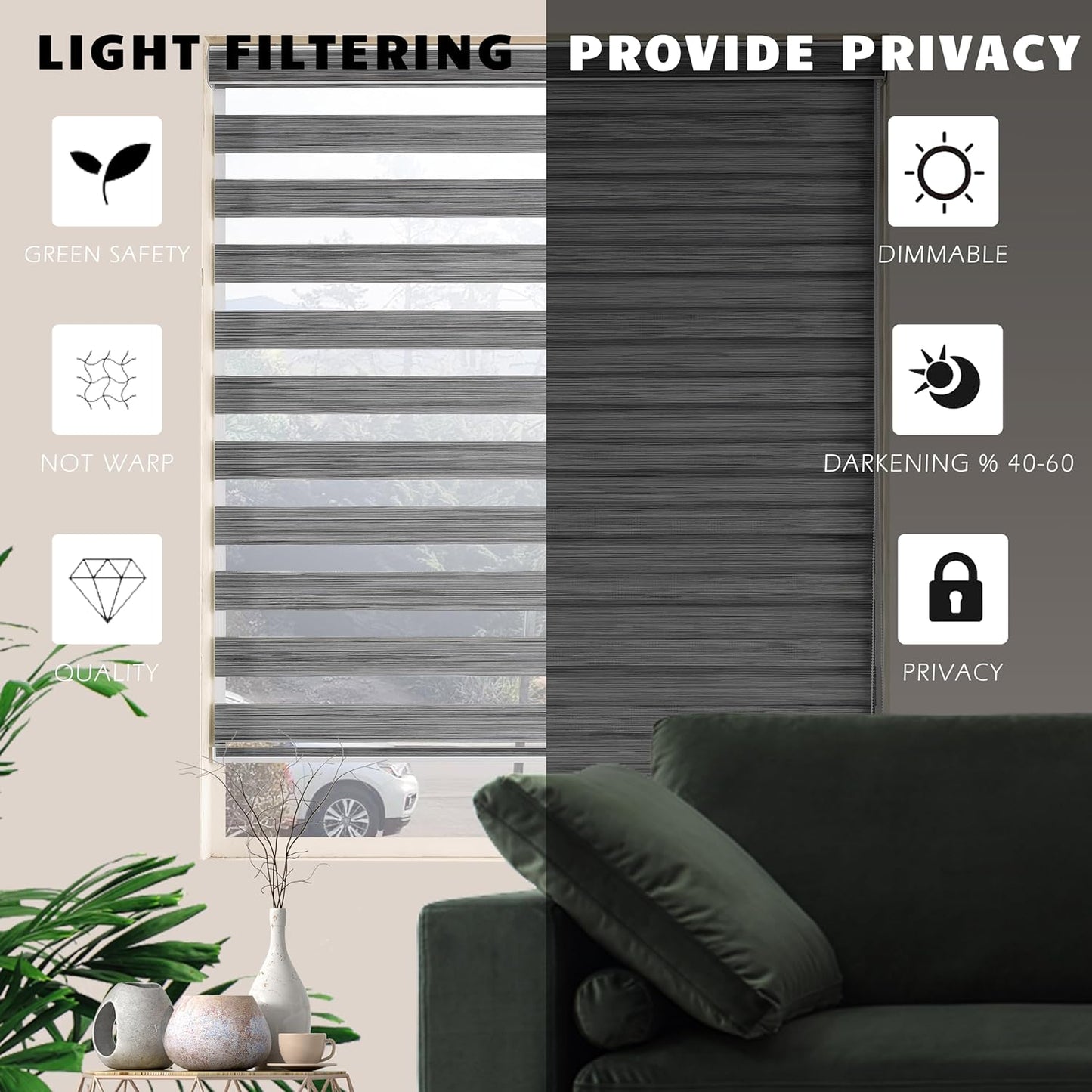 Custom Cut to Size Zebra Blinds for Windows Blinds for Indoor Windows Roller Shades Modern Window Blinds Up Down Blinds Light Filtering Window Privacy(Custom Size Grey Color)