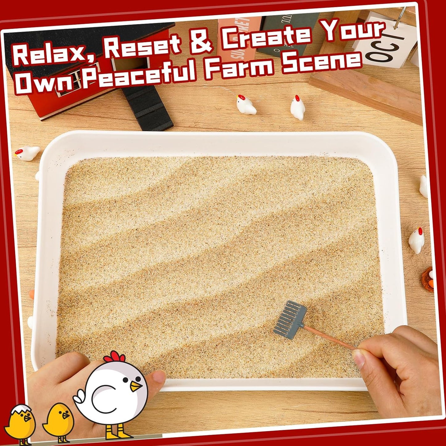 CypherX Chicken Zen Garden Sand Tray Therapy Kit with Miniature Chicken Coop, Hen Figurines Mini Zen Garden Kit Gift Office Desk Decor Fidget Stress Relief