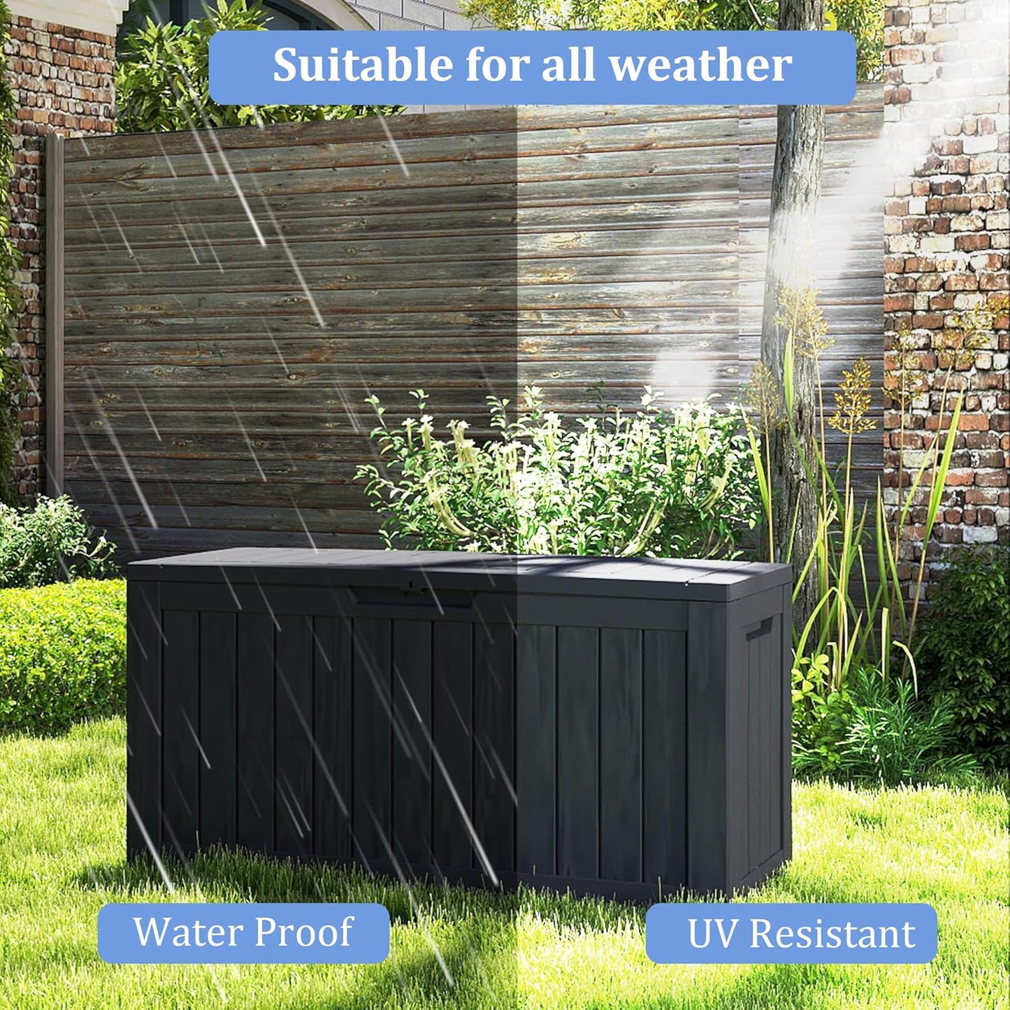 80 Gallon Outdoor Storage Box with Wheels, Waterproof Lockable Resin Deck Box Patio Storage Bin for Pool Accessories Cushion Furniture, Garden Tools, UV-Resistant Outside Delivery Black