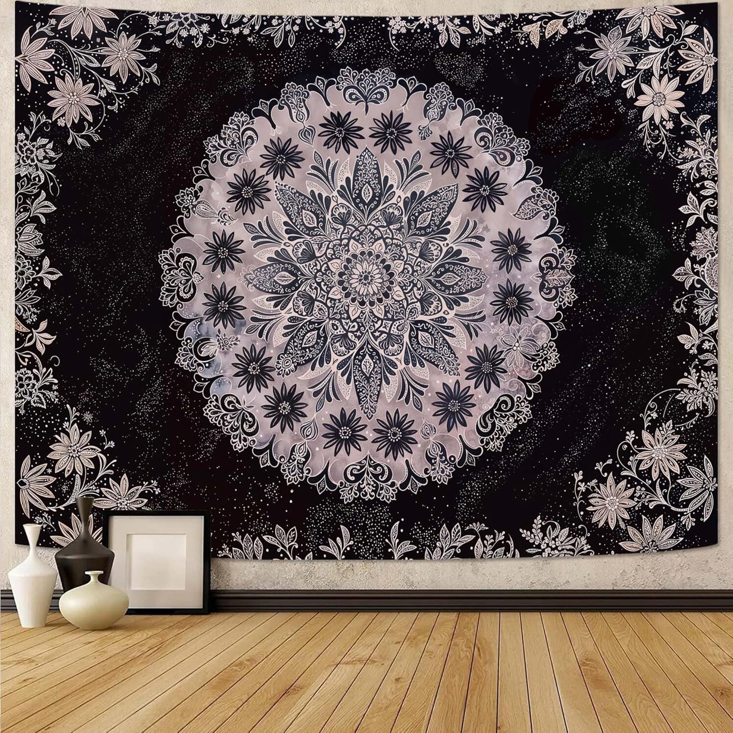 Fowocu Boho Floral Mandala Tapestry Wall Hanging Grey Bohemian Flower Medallion Tapestry Aesthetic Gray Black Hippie Indian Small Tapestries for Bedroom Living Room Dorm Decor 48 x 36 Inch