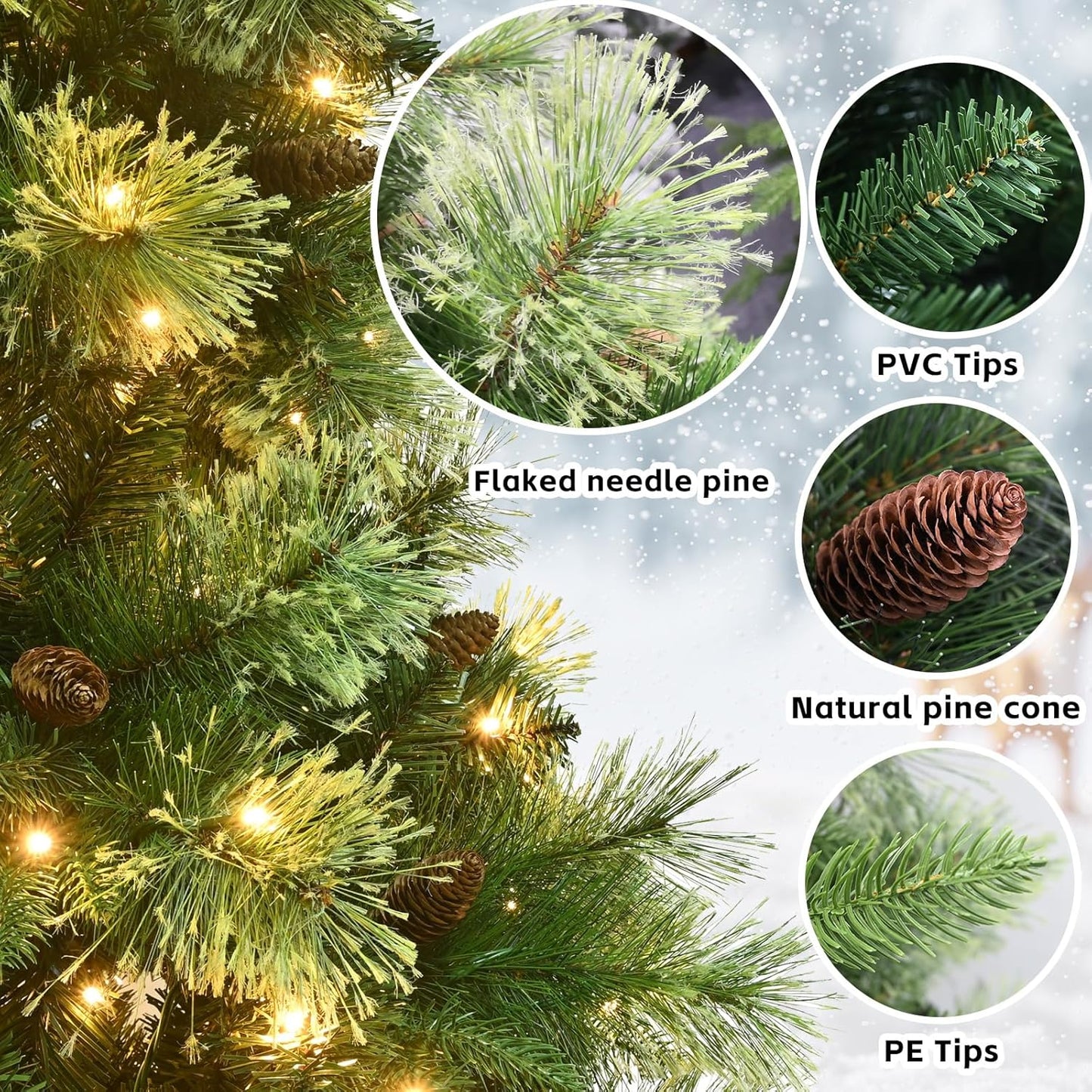 Kadunmina 4ft Prelit Christmas Tree, Artificial Carolina Pine Christmas Tree with 200 Warm White Lights, Pine Cones, 419 Branch Tips and Metal Stand for Home, Office, Holiday Party Decoration