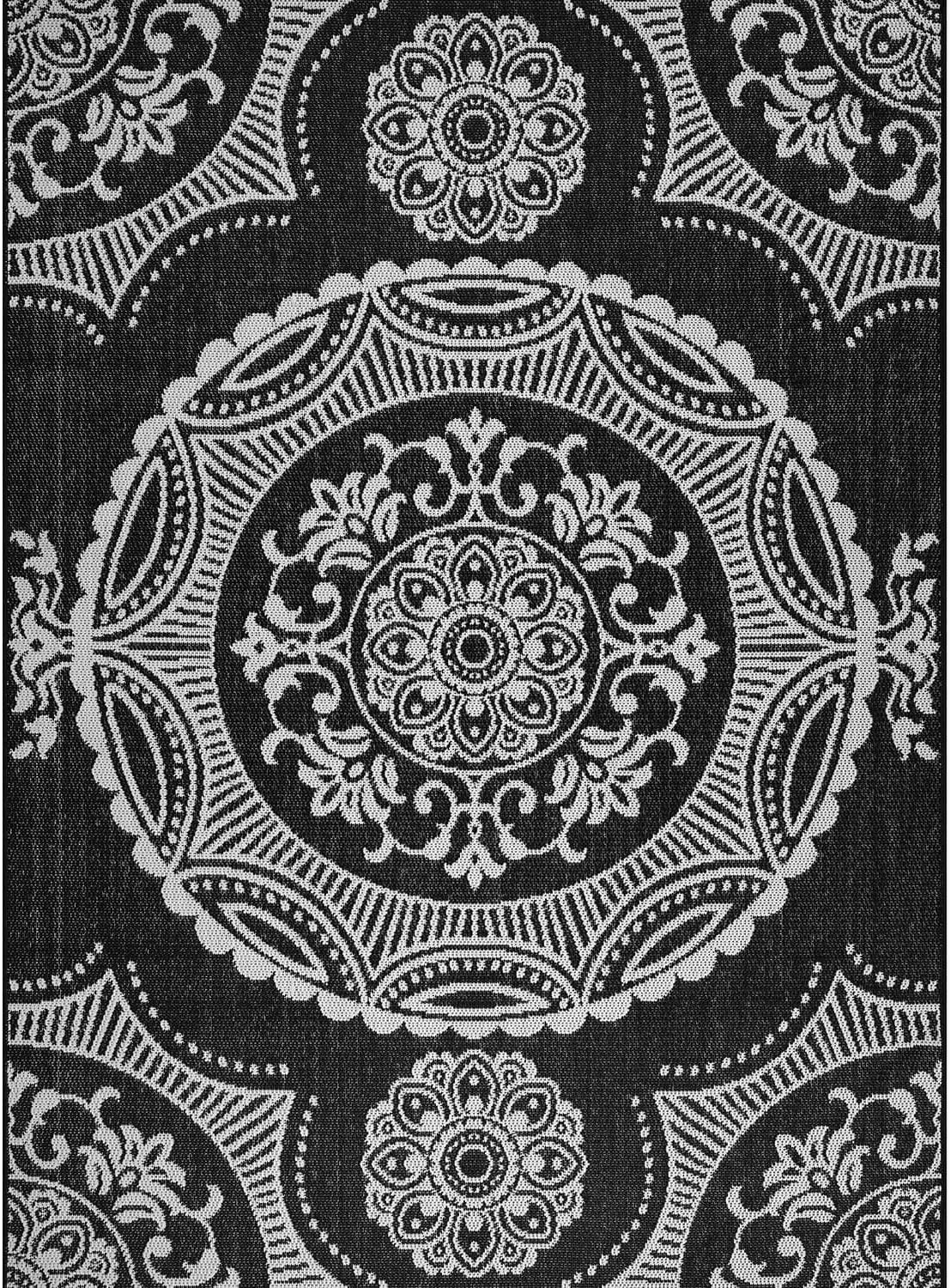 Medallion Outdoor Rug 5x7 Washable Outside Carpet for Indoor Patio Porch Waterproof Easy Cleaning Non Shedding Area Rugs Black 5 x 7