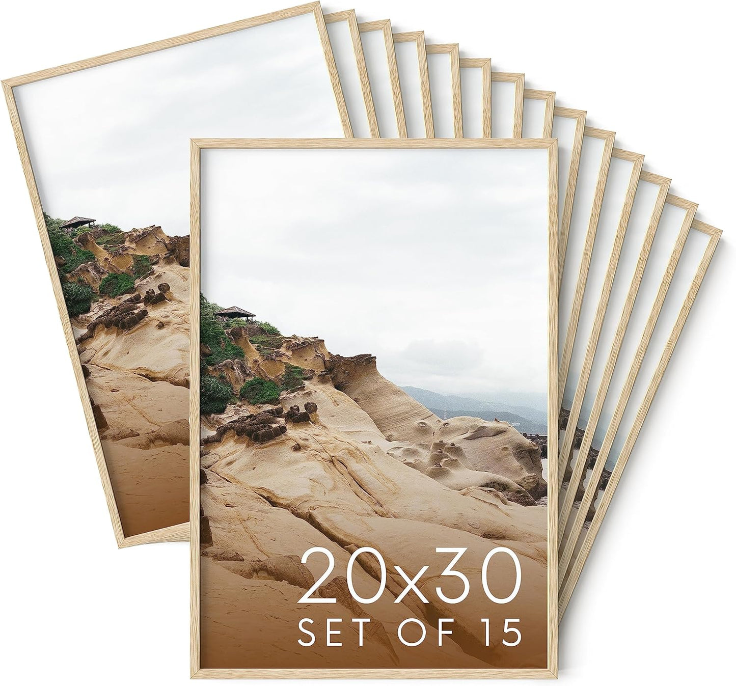 Haus and Hues 20x30 Natural Oak Wood Picture Frames Set of 15 - Premium Bulk Picture Frames 12x16 Bundle - Elegant Gallery Wall Frame Set for Posters, Art Display - Ideal for Wall Decor in Home &