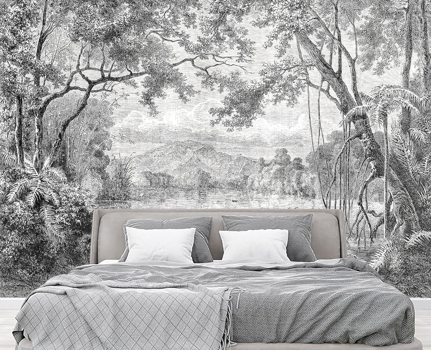Black and White Tropical Rainforest Wall Mural Wallpaper for Bedroom 103" x 69"