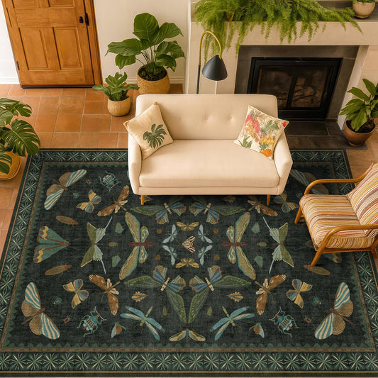Green Area Rugs 5x7 for Living Room - Fairy Fantasy Moss Rugs for Dining Room Table, Bedroom, Whimsical Insect Boho Moth Décor, Washable Non Skid Soft Carpet