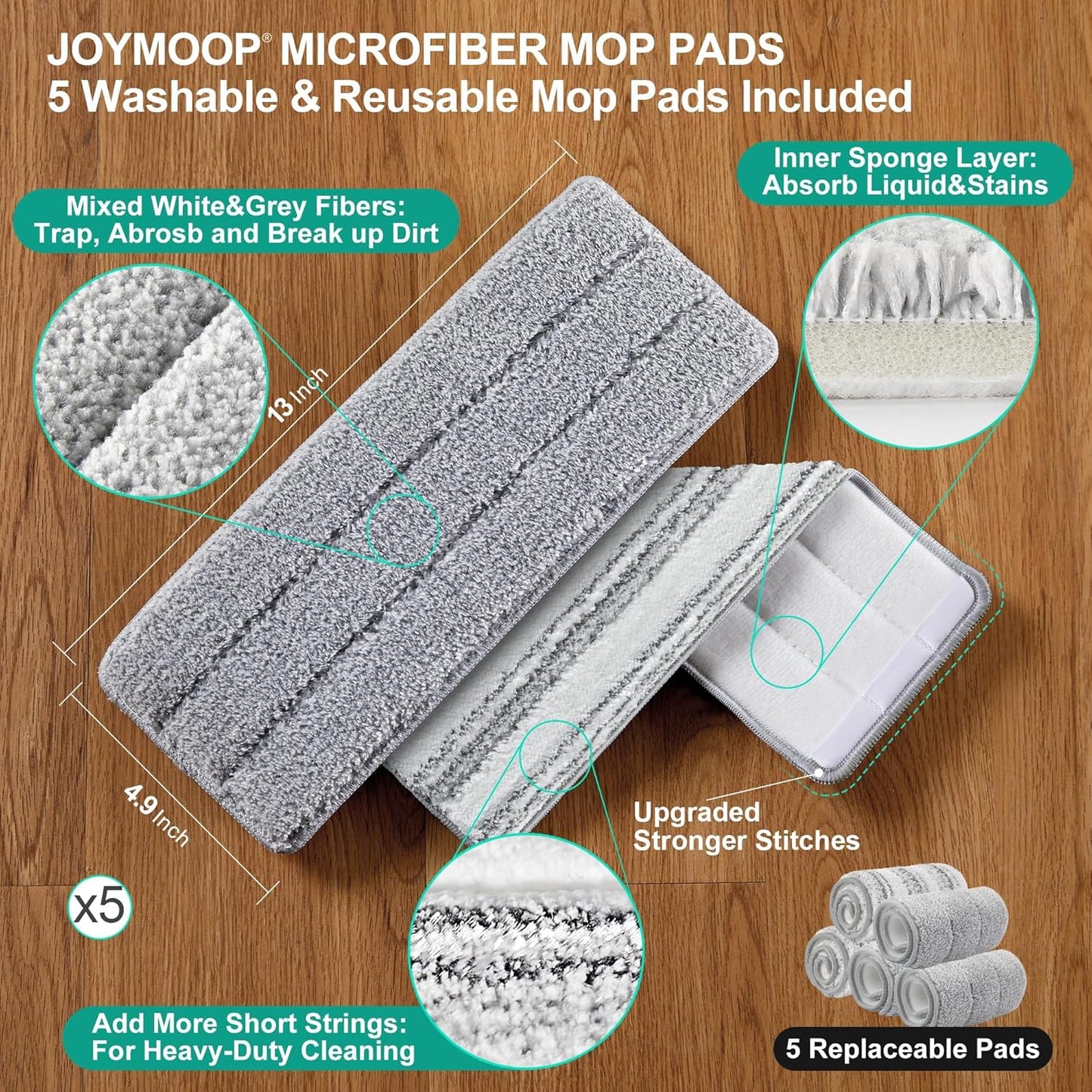 JOYMOOP Mop and Bucket with Wringer Set, White Flat Squeeze Mop Bucket Set for Floor Cleaning, Wet Dry Mop for Walls, Wall Cleaner with Long Handle, Hardwood Floor Mop-5 Microfiber Cloths