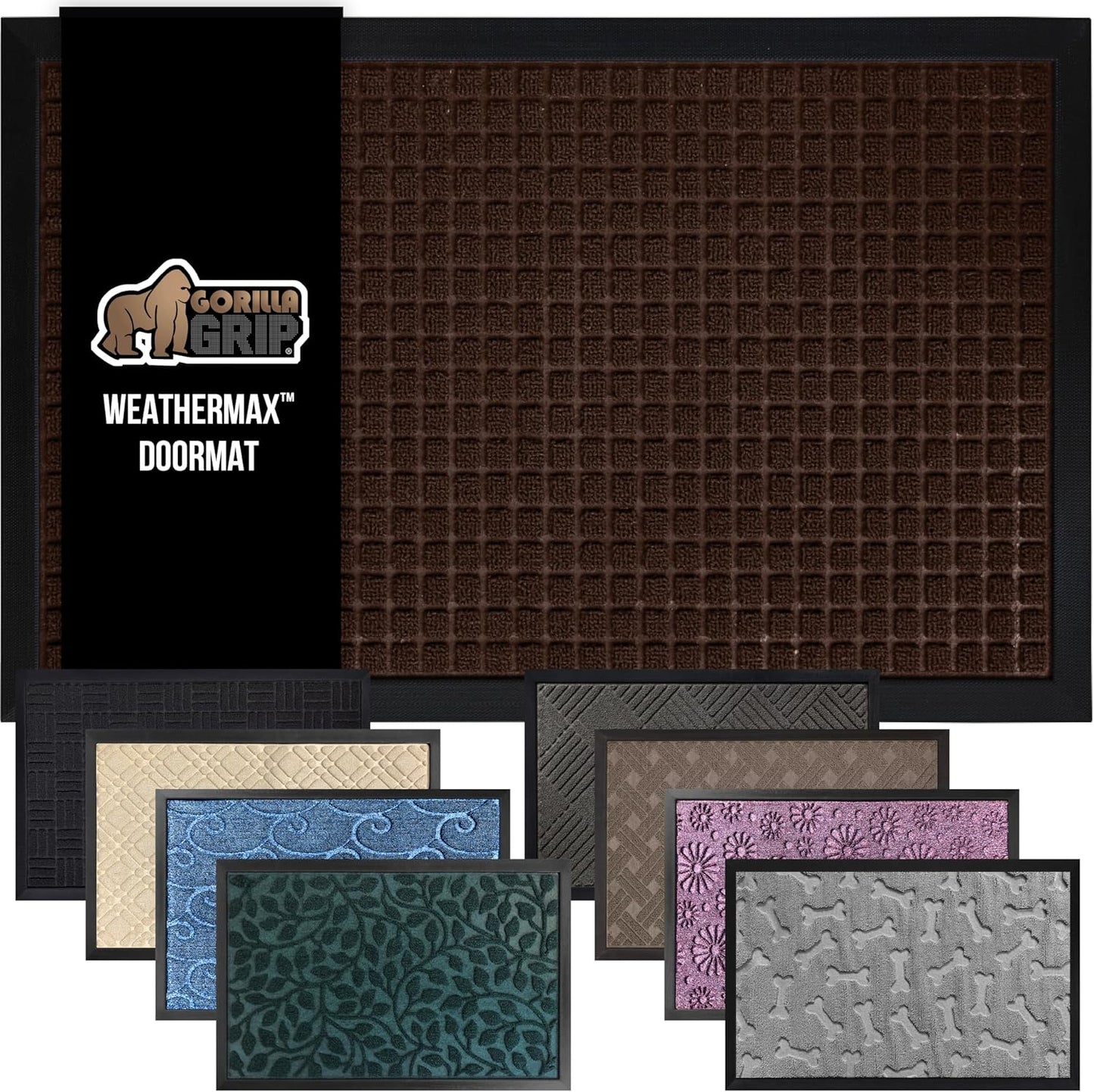GORILLA GRIP 100% Waterproof All-Season WeatherMax Doormat, 72x24, US Designed Natural Rubber, Stain and Fade Resistant, Low Profile Indoor Outdoor Door Mats, Easy Clean Patio Mat, Coffee Squares