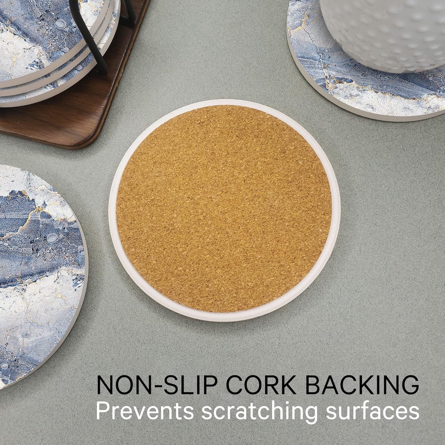 Emerson Essentials Coasters for Drinks Absorbent with Holder, Set of 6, Cork Bottom Ceramic Stone Marble Style for Wooden Coffee Bar Tables, Glass Tabletop Non Slip, Natural Stone