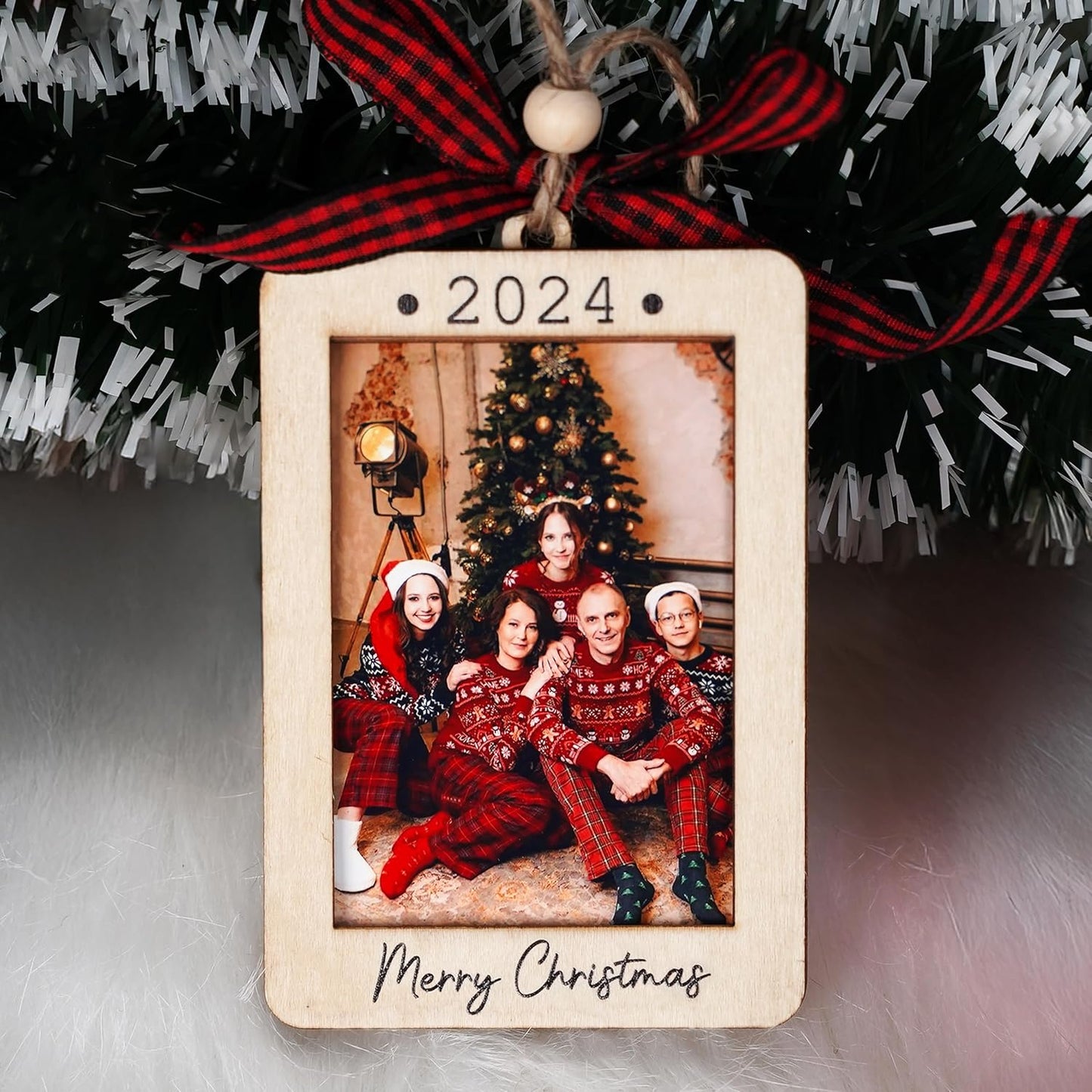 Christmas Photo Frame Ornament, 2024 Ornament, Wooden Picture Frame Ornaments With Hanging String (Merry Christmas (Portrait))
