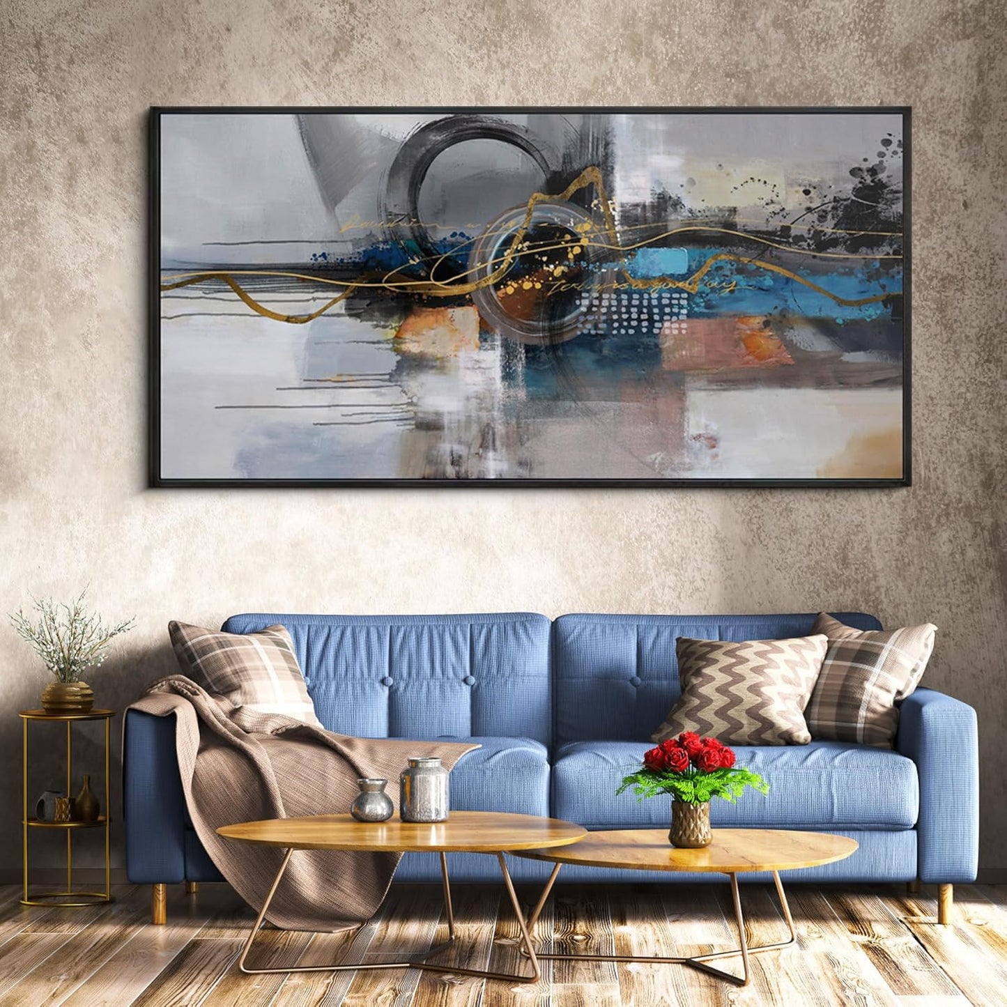 XLSJERST Large Abstract Frame Wall Art - Black and Blue Cnavas Framed Artwork for Walls Modern Minimalist Boho Gray Pictures Wall Decor for Living Room Bedroom Office Home Decoration 29x58 Inches