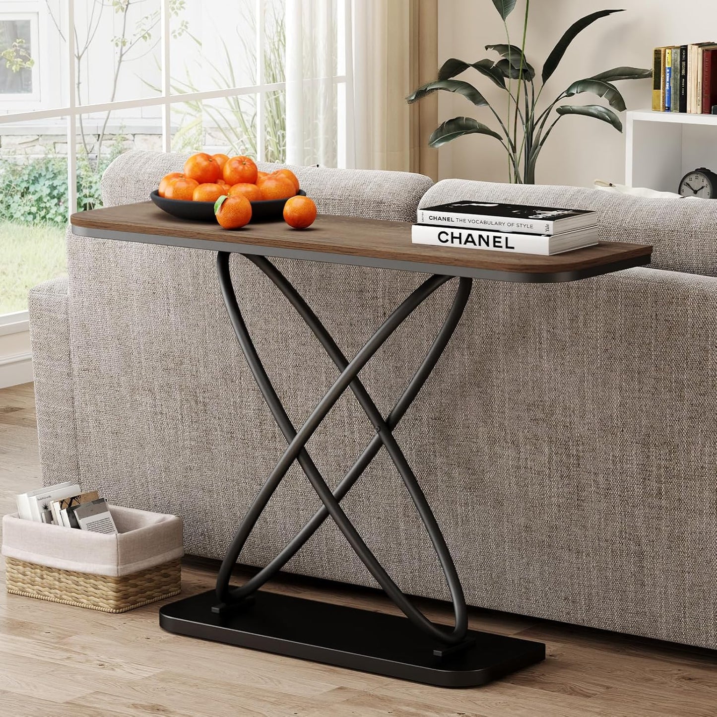 BECHAEO Farmhouse Narrow Console Table for Living Room, 47.4" Rustic Narrow Entryway Table, Sofa Tables Behind The Couch, Industrial Wooden Accent Tables for Hallway, Foyer Walnut