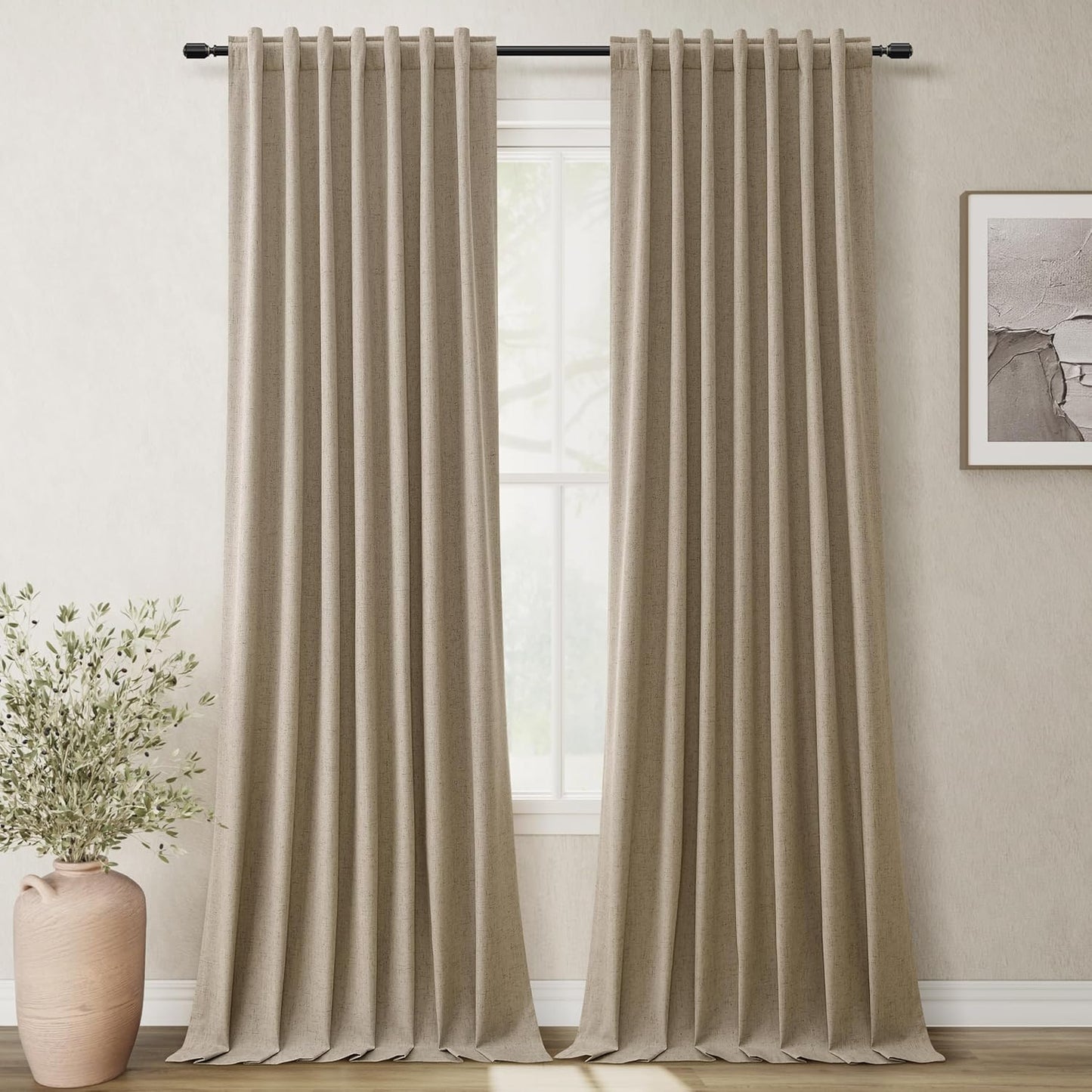 BOODII 108 Inch Black Out Curtains 2 Panels Set Back Tab Thermal Insulated Natural Linen Textured Blackout Curtains Noise Reducing Khaki Neutral Living Room Darkening Window Drapes Pleated 52x108