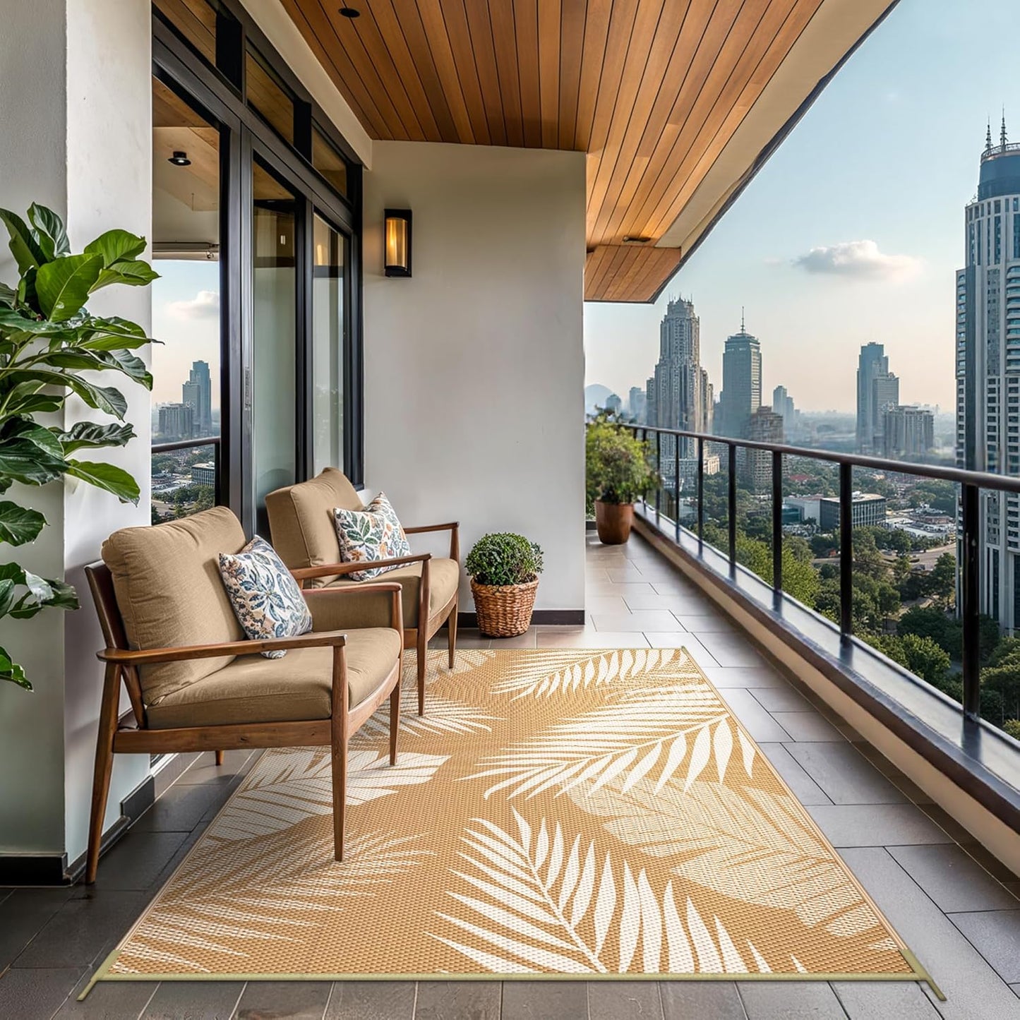 GENIMO Outdoor Rug 9' x 12' Waterproof for Patios Clearance, Reversible Outdoor Plastic Straw Camping Rug Carpet, Large Area Rugs Mats for RV, Camper, Deck, Balcony, Porch, Beach, Picnic, Brown&Beige