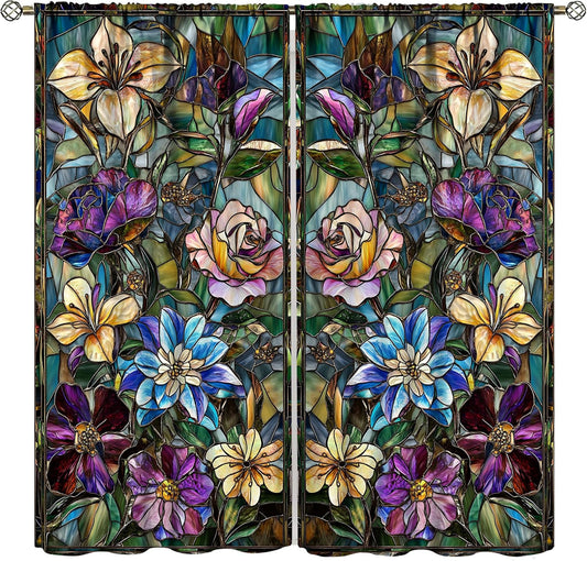 Stained Glass Curtains,Retro Colored Glass Flowers Art Home Decor Drapes for Bedroom Living Room Kitchen Window Treatment 2 Panels Set Total Size 52" W X 84" L Inch