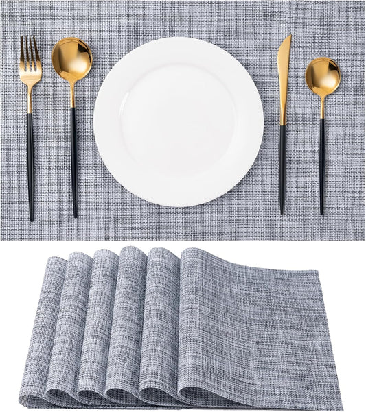 Placemats Set of 6 Washable Indoor/Outdoor Vinyl Place Mats for Dining Table Durable Non-Slip Heat Resistant PVC Weave Table Mats（Gray）