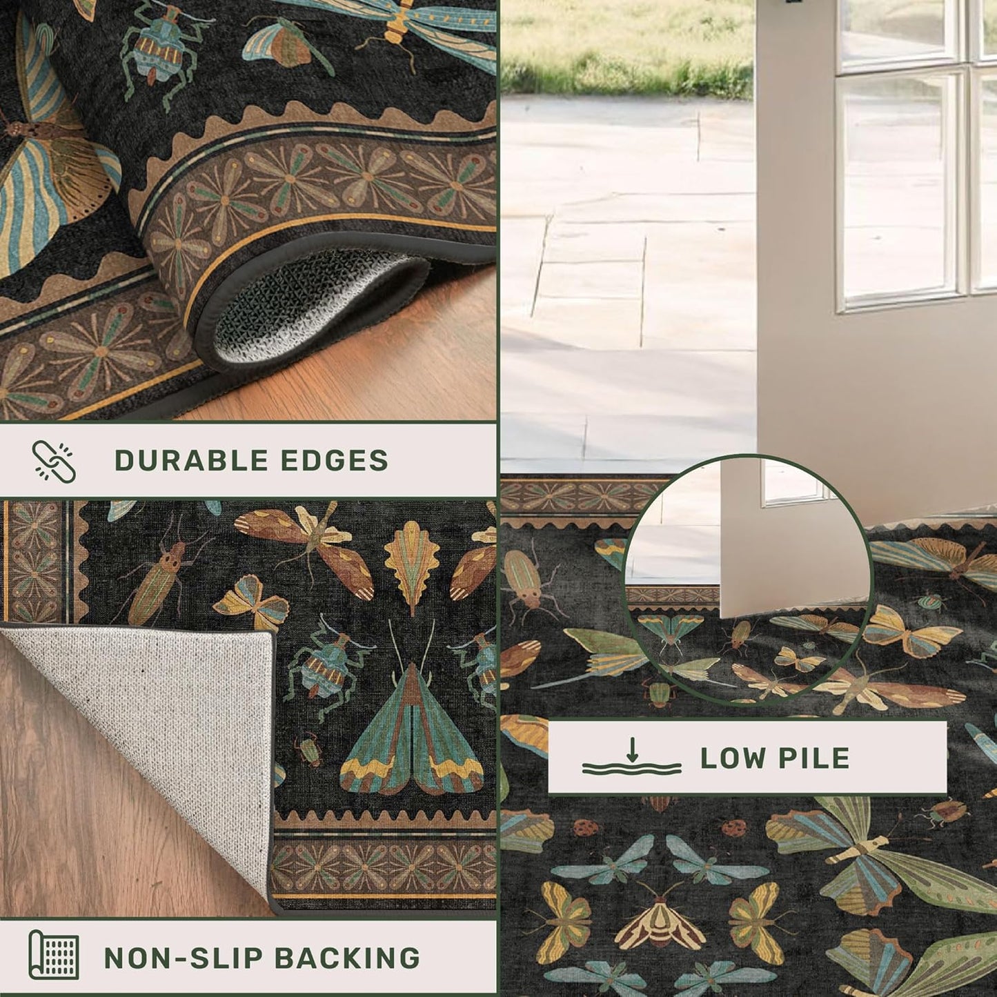 3x5 Entryway Rug Non Slip Washable - Black Throw Rug for Kitchen, Mudroom, Bedroom Bedside, Insect Boho Vintage Aesthetic Décor