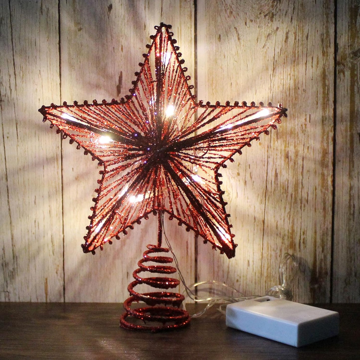 CVHOMEDECO. Red Glittered 3D Tree Top Star with Warm White LED Lights and Timer for Christmas Tree Decoration and Holiday Seasonal Décor, 8 x 10 Inch
