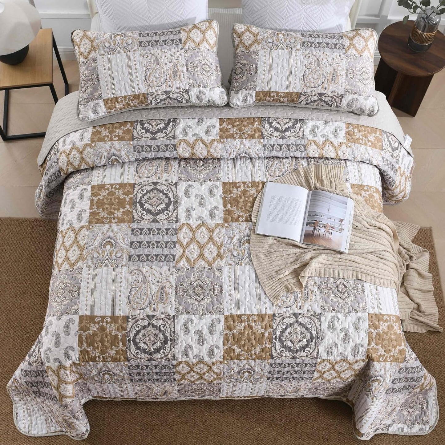 WONGS BEDDING Brown Quilt Set King Size, Patchwork Plaid Bedspread Bedding Sets Paisley Soft Microfiber Quilts for King Bed 3 Pieces Coverlet Set for All Season (104"x90")
